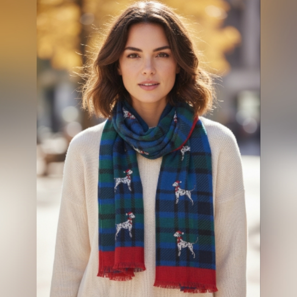 TALBOT's Green Blue Red Plaid Dalmation Dog Novelty Scarf